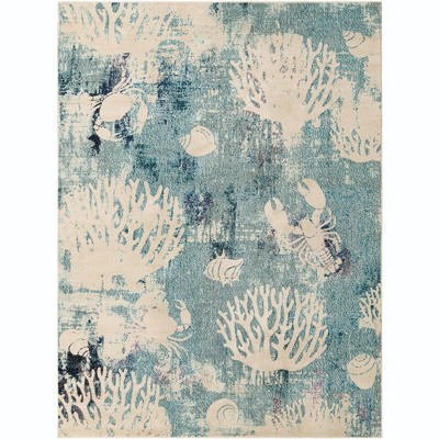 Light Blue Coastal Coral Pattern Synthetic Area Rug, 8' x 10'