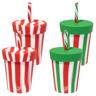 Silipint Silicone Kids 8oz Straw Tumblers 4 Pack - Peppermint & Poinsettia