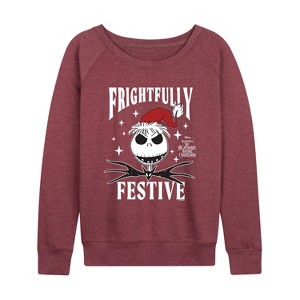 Women's - Disney - Frightfully Festive Lightweight French Terry Wide Neck Long Sleeve Graphic Shirt - 1 of 4