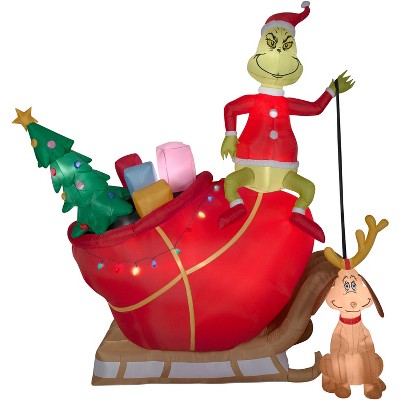 Gemmy Christmas Airblown Inflatable Grinch and Max in Sleigh Colossal Scene Grinch, 12 ft Tall