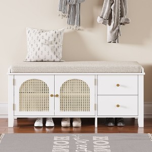 NicBex 43.5" Vintage Shoe Bench with Rattan Doors & Cushion,Entryway Bench with 2 Drawers,Multi-Functional Storage Bench for Bedroom,Living Room - 1 of 4