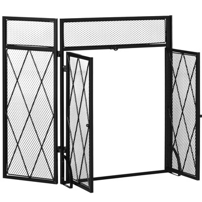 HOMCOM 3-Panel Folding Fireplace Screen for Wood Burning with Double Doors, Home Heavy Duty Steel Fire Spark Guard, 47.25" x 31", Black