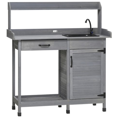 Outsunny Garden Potting Bench Table With Sink, Lockable Storage Cabinet ...