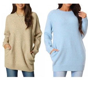 INSPIRE CHIC Women's Fall Winter Round Neck Long Sleeve Casual Tunic Sweater with Pockets 2 Packs - 1 of 4