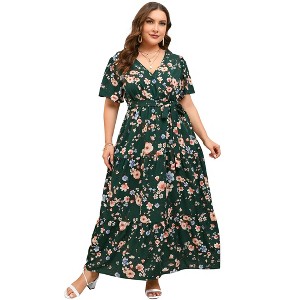 BLUEMING Summer Maxi Dress for Plus Size Women Tie Wasit Surplice Dress Flutter Sleeve A-Line Dress - 1 of 4