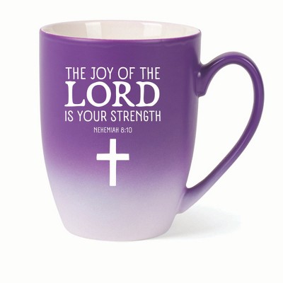 Elanze Designs The Joy Of The Lord Is Your Strength Nehemiah 8:10 Two Toned Ombre Matte 10 ounce New Bone China Coffee Tea Cup Mug, Purple and White