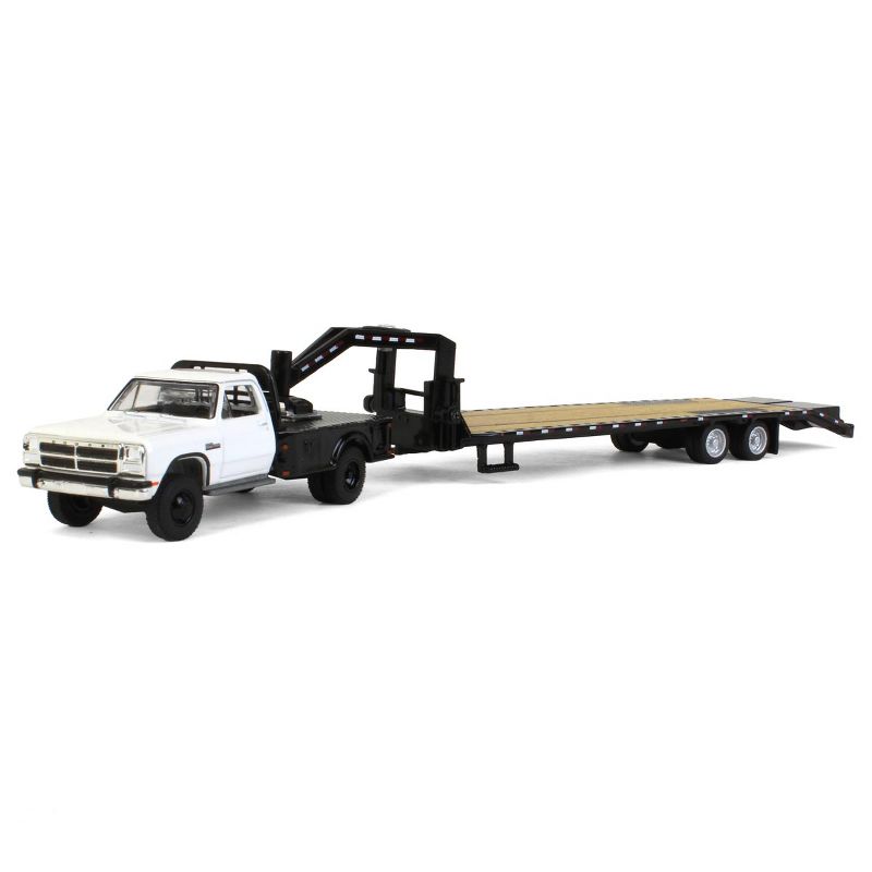 Greenlight Collectibles 1/64 1992 Dodge Ram 1st Generation Truck White with Black Flatbed & Black Gooseneck Trailer 51387-A, 1 of 7