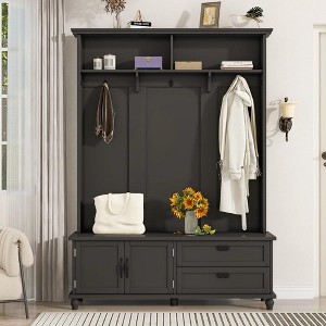 Acekool Modern Hall Tree with Storage Cabinet, 2 Large Drawers, Wide Bench & 5 Hooks, Entryway Organizer for Living Room, Black - 1 of 4