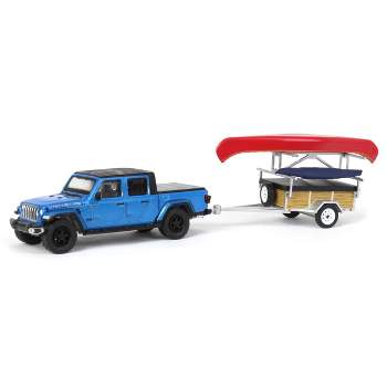 Greenlight Collectibles 1/64 2021 Jeep Gladiator Hydro Blue, Canoe Trailer with Canoe Rack, Hitch & Tow 24 32240-C