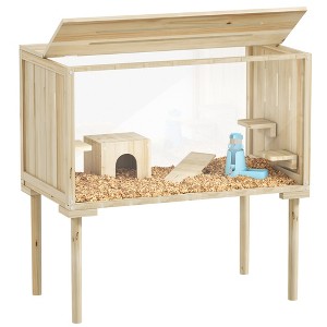 PawHut Wooden Hamster Cage with Legs, Gerbil Cage with Seesaw, Hut, Water Bottle & Food Dish, Hamster Habitat for Syrian, Dwarf, Mouse, Nature Wood - 1 of 4