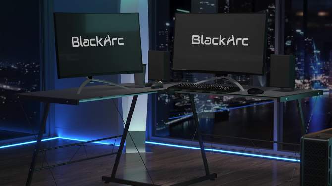 BlackArc L-Shaped Gaming Desk with Tempered Glass Top and Powder Coated Steel Frame, 2 of 11, play video