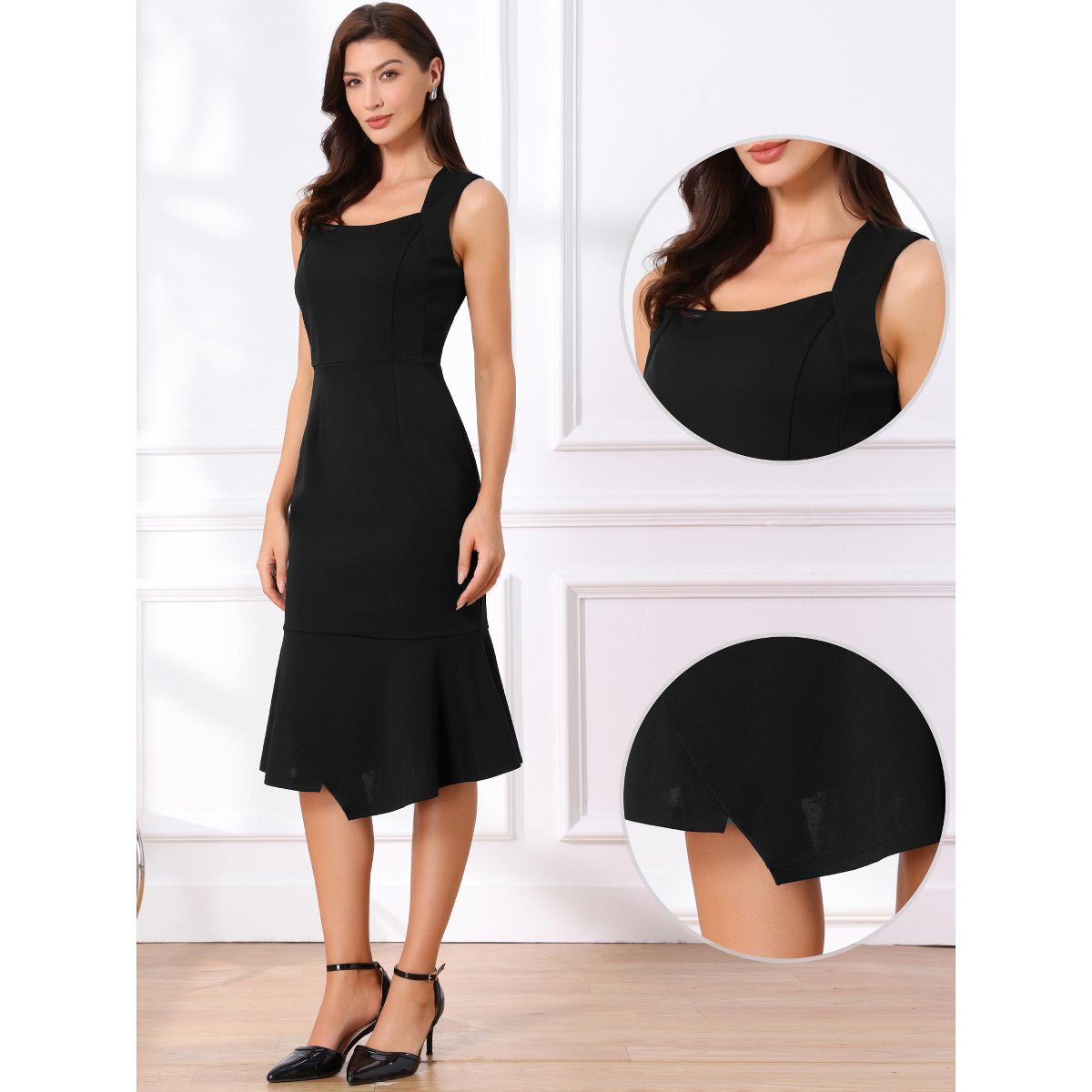 Женские платья INSPIRE CHIC Women's Sleeveless Cocktail Square Neck Bodycon Fishtail Ruffles Dress Large Black — фото 2
