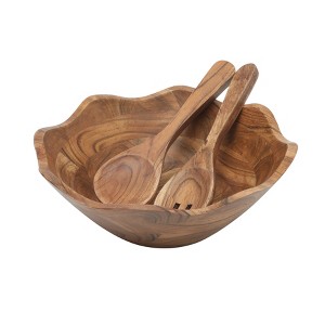 Gibson Home Sandhurst 3-Piece Wooden Salad Bowl Set -12-Inch Scalloped Bowl with Wooden Salad Servers - 1 of 4