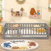 Safstar Twin Size Floor Bed w/High Fence & Door Safety Guardrails Wood Floor Bed Frame - 4 of 4