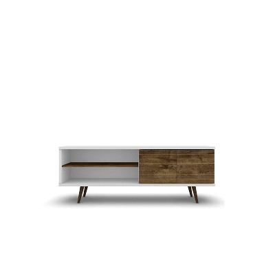 White and Rustic Brown Mid-Century Modern TV Stand with Cabinet