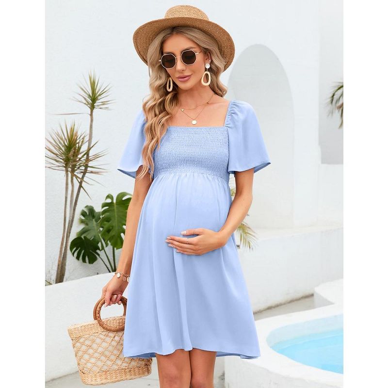 Summer Maternity Dress Women Smocked Square Neck Puff Sleeve Off Shoulder Dress, 4 of 8