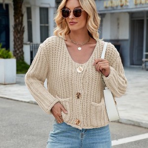 Womens Chunky Knit Cardigan Loose Soft Cozy Oversized Sweater Jacket - 1 of 4