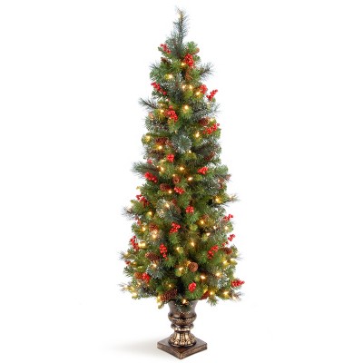 National Tree Company 5 ft Pre-Lit Artificial Entrance Christmas Tree, Green, Crestwood Spruce, White Lights, Frosted Branches, Pot Base