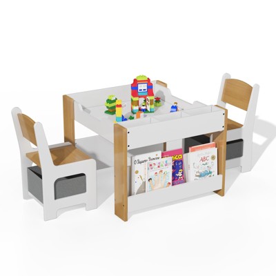 Kids Table and Chair Set - 4 in 1 Wooden Activity Table & 2 Chairs, Storage Drawer, Detachable Tabletop, for Drawing, Reading, Crafts, Art, Homework