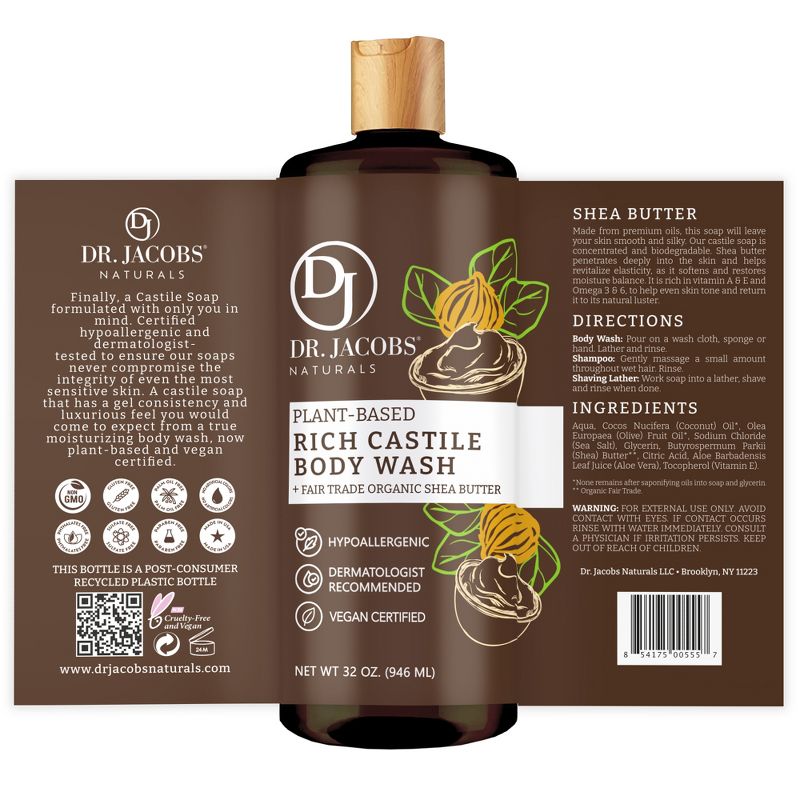 Dr Jacobs Naturals Rich Castile Shea Butter Body Wash Hypoallergenic Vegan Sulfate-Free Paraben-Free Dermatologist Recommended 32oz - Shea Butter, 4 of 6