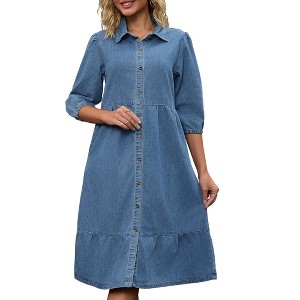 INSPIRE CHIC Women's Puff 3/4 Sleeve Button Up Collar A-Line Swing Ruffle Tiered Midi Denim Dress - 1 of 4