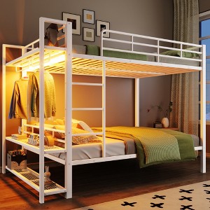 Full Size Metal Bunk Bed with Storage Mesh Shelves and Clothes Hooks - 1 of 4