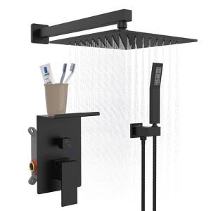 Aghana Digitals Modern 10" Square Matte Black Shower System Set with 2 Metal Handles, Recessed - 1 of 4