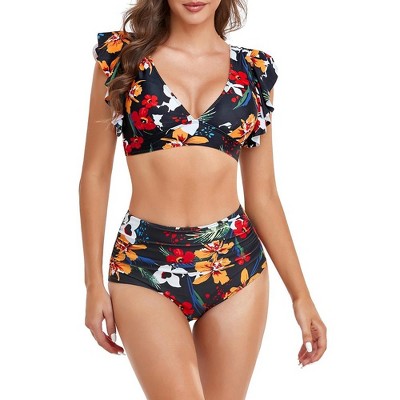 Women's V Neck Bikini Set Two Piece Ruffled Top Bathing Suits U Back  Swimwear with High Waisted Ruched Swim Bottom