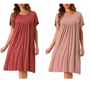 cheibear Women's Cotton Chest Pleat Design Loose Short Sleeve Cozy Nightgowns 2 Pcs - 1 of 4