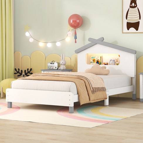 Twin Size Wood Platform Bed with House-Shaped Headboard and Motion  Activated Night Lights, Gray - ModernLuxe