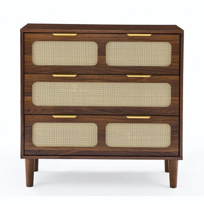 Vynxaria 3-Drawer Rattan Dresser Cabinet with Wide Drawers & Metal Handles - Versatile Wooden Storage for Living Room, Hallway, Office & More.