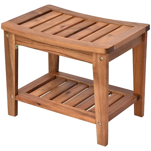 Homcom Acacia Wood Shower Bench Seat With Towel Shelf 2 tier