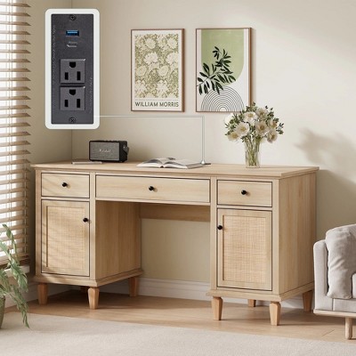 Brafab 3-Drawer Rattan Writing Desk with Storage Shelf & Power Outlets,Computer Desk with 5 Drawers and File Cabinet for Storage Home Office Desks
