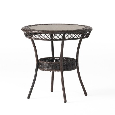 Vynxaria Patio Coffee Tables - 27" Multi-Brown Round Glass Top Outdoor Table with Storage