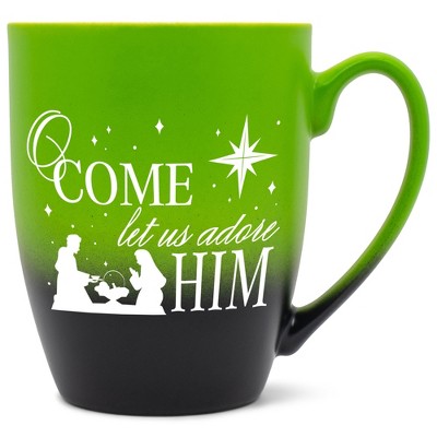 Elanze Designs O Come Let Us Adore Him Two Toned Ombre Matte Green and Black 12 ounce Ceramic Stoneware Coffee Cup Mug