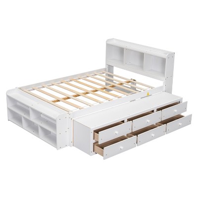 Bellemave Full Bed with Storage Headboard, Under-Bed Drawers & Bed-End Storage Case, White, Pine Wood, Space-Saving Bedroom Furniture