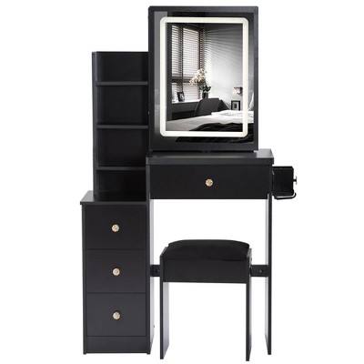 Small Size Left Bedside Cabinet Vanity Table + Cushioned Stool, 2 AC+2 USB Power Station, Hair dryer bracket