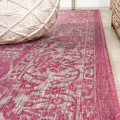 Fuchsia and Light Gray Square Floral Synthetic Area Rug