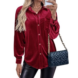 Women's Velvet Button Down Shirts Fall Dressy Casual Vintage Tops V Neck Sophisticated Blouses Long Sleeve - 1 of 4