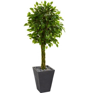 Nearly Natural 5-ft Braided Ficus Artificial Tree in Slate Planter UV Resistant (Indoor/Outdoor) - 1 of 4