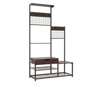 Dexmalle Industrial Hall Tree with Storage Drawer and Shoe Racks,Antique Brown - 1 of 4