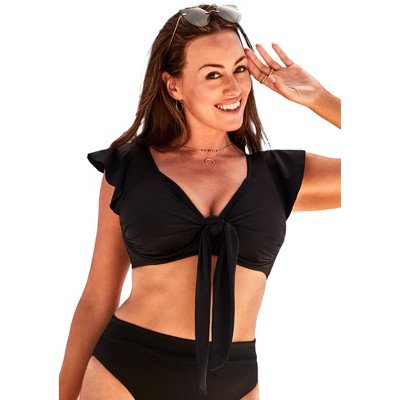 Swimsuits for All Women's Plus Size Tie Front Cup Sized Cap Sleeve  Underwire Bikini Top, 16 G/H - Black