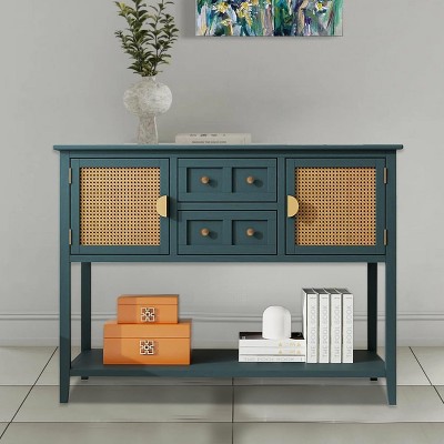 Gaomon Rattan Console Table with 2 Drawers, Entryway Table with Open Storage Shelf, Sofa Table with Double Doors