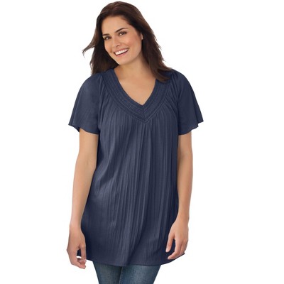 Woman Within Plus Size Short-Sleeve V-Neck Crinkle Tunic