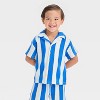 Grayson Mini Toddler Boys' Short Sleeve Vertical Striped Thermal Knit Shirt and Shorts Set - Blue - 3 of 4