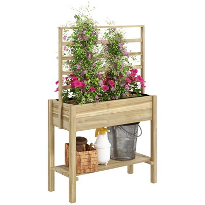 Outsunny Wooden Raised Planter Box with Trellis, Raised Flower Bed with Storage Shelf, Outdoor Garden Planter for Vegetables, Flowers, Herbs