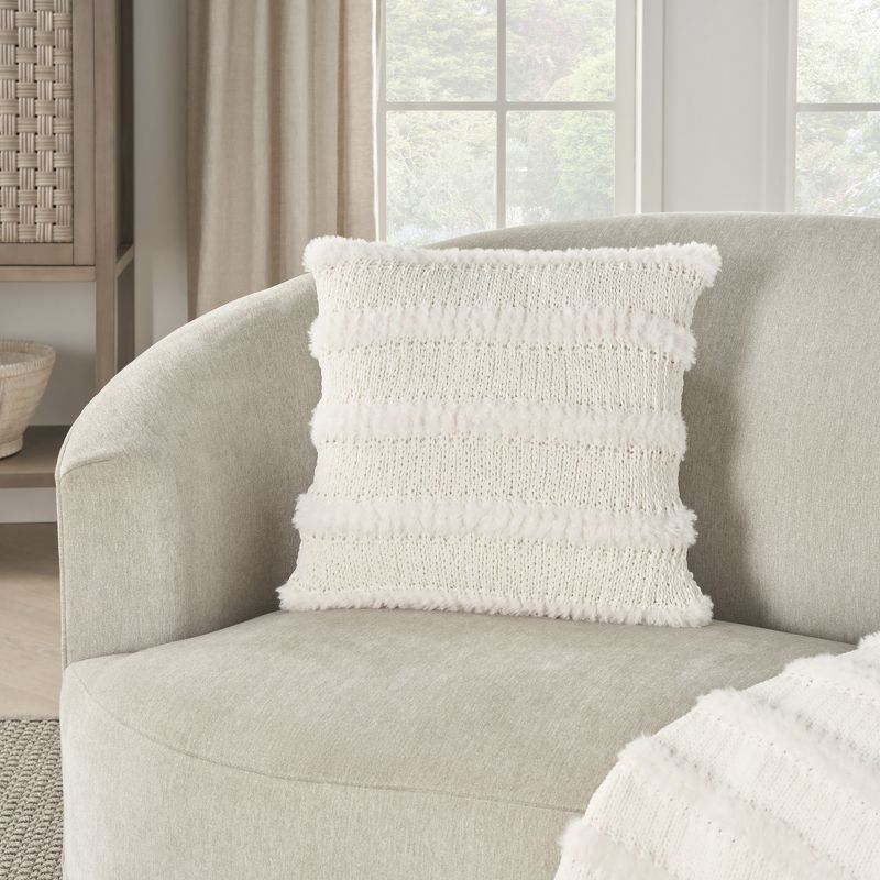 Mina Victory Faux Fur Knit Stripes 20" x 20" Ivory Indoor Throw Pillow, 2 of 6
