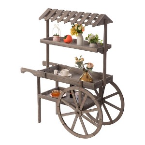 Antique Rustic Solid Wood decor Display Rack Cart Wood Plant Stand 3 Tier with Wheels for Display, Wood Wagon with Shelves for Plants and More - 1 of 4