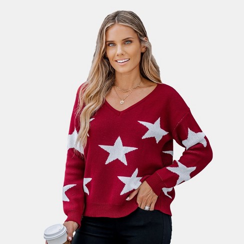 Women's Star Pattern V-Neck Drop Sleeve Sweater - Cupshe-XS-Red