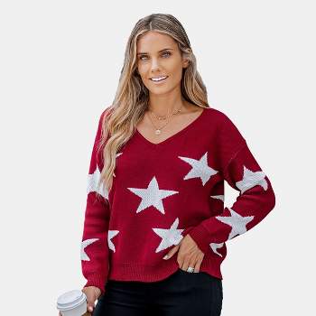 Women's Star Pattern V-Neck Drop Sleeve Sweater - Cupshe